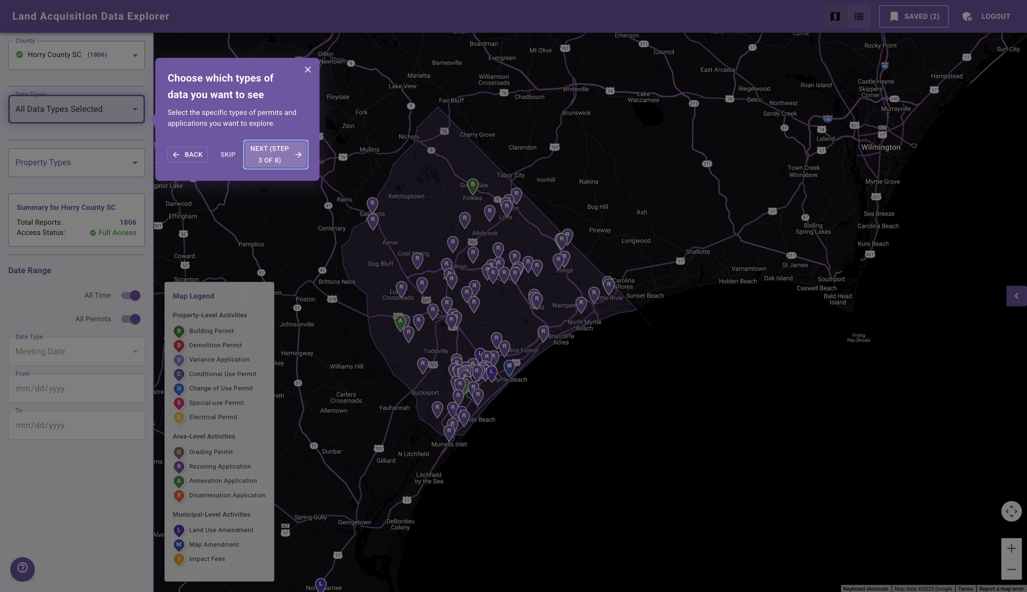Step 3: Choose Data Types filter showing rezoning, variance, and permit options